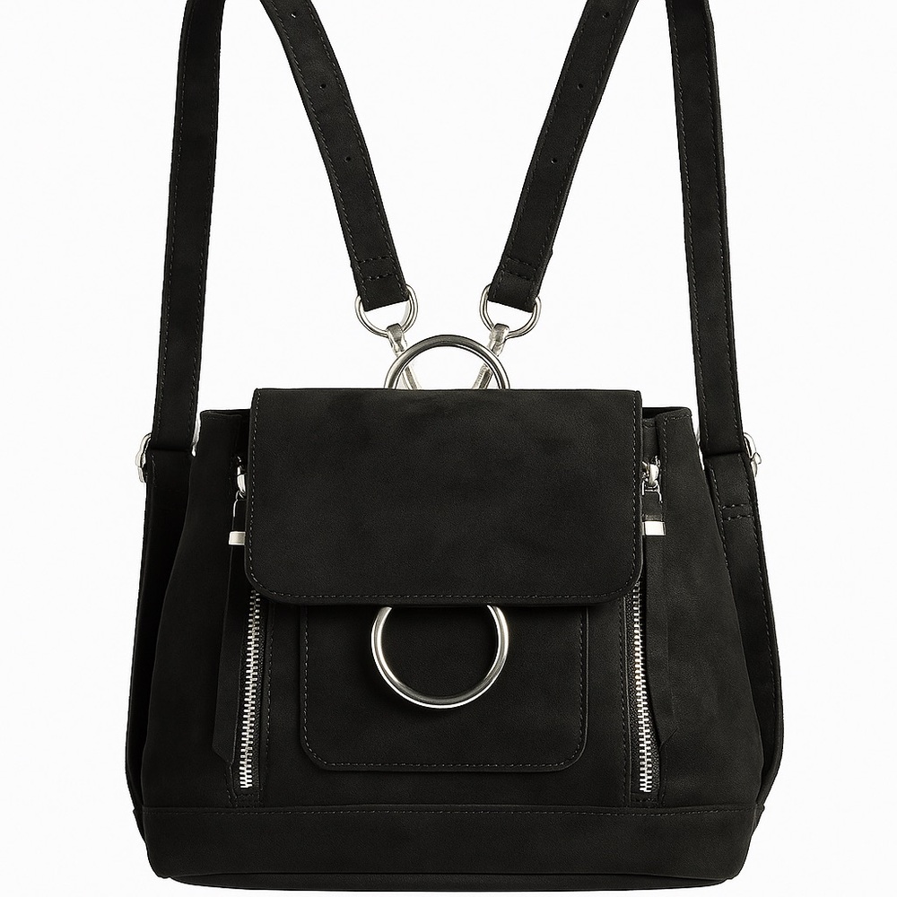 Becool Black Suede Faux Leather Convertible Backpack Purse - NWT
